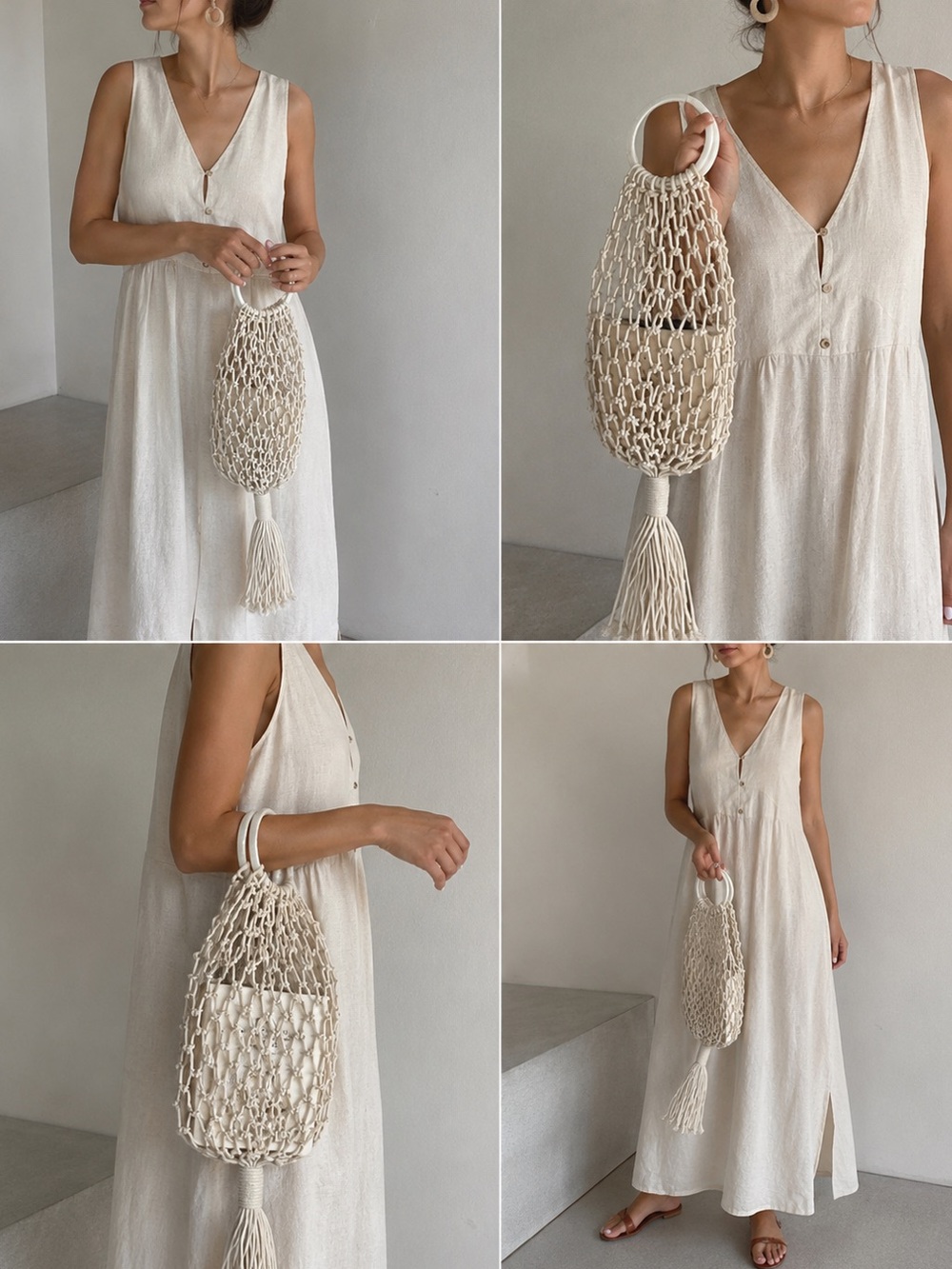 Bohemian Crochet Bag with Plastic Circle Handle Cream